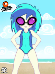 Size: 1280x1734 | Tagged: safe, artist:theminus, derpibooru import, dj pon-3, vinyl scratch, equestria girls, beach, clothes, female, one-piece swimsuit, solo, swimsuit, younger