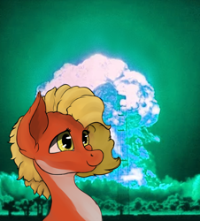 Size: 2420x2680 | Tagged: safe, artist:aquamuro, derpibooru import, oc, oc only, oc:posada, seapony (g4), equestria at war mod, background, bust, colored sketch, fanart, female, golden eyes, happy, mare, nuclear explosion, nuclear weapon, portrait, proud, seapony oc, sketch, smiling, thousand yard stare, weapon, yellow mane