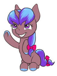 Size: 900x1200 | Tagged: safe, artist:multiverseequine, derpibooru exclusive, derpibooru import, oc, oc only, oc:terracotta light, pony, unicorn, bow, colored, colored hooves, daybreak island, female, filly, foal, hair bow, horn, looking up, multicolored hair, pony oc, purple eyes, raised hoof, raised leg, simple background, sitting, smiling, solo, tail, tail bow, transparent background, waving, young