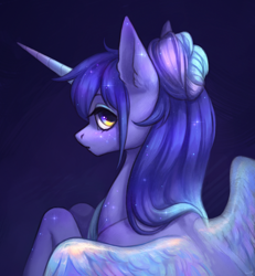 Size: 2400x2600 | Tagged: safe, artist:inarimayer, derpibooru import, oc, oc only, alicorn, pony, alicorn oc, female, hair bun, horn, looking at you, looking back, looking back at you, looking sideways, mare, profile, rear view, solo, wings