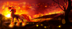 Size: 3000x1199 | Tagged: safe, artist:aquagalaxy, derpibooru import, oc, oc only, pony, unicorn, fire, glowing, glowing eyes, scenery, solo