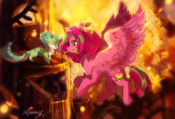 Size: 2400x1632 | Tagged: safe, artist:aquagalaxy, derpibooru import, oc, oc only, oc:gadget, oc:precious metal, pegasus, pony, duo, female, mare, mouth hold, wrench