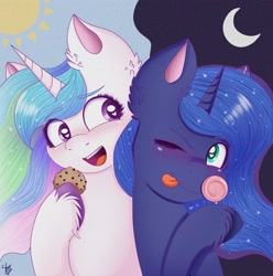 Size: 2524x2544 | Tagged: safe, artist:galaxy swirl, derpibooru import, princess celestia, princess luna, alicorn, pony, :p, blushing, candy, cookie, cute, cutelestia, ear fluff, ears, female, food, heart eyes, hoof hold, lollipop, looking at each other, looking sideways, lunabetes, mare, one eye closed, open mouth, royal sisters, siblings, sisters, tongue, tongue out, unshorn fetlocks, wingding eyes, wink