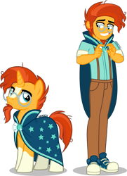 Size: 2899x4000 | Tagged: safe, artist:orin331, derpibooru import, sunburst, human, pony, unicorn, equestria girls, blaze (coat marking), cape, clothes, coat markings, converse, duo, equestria girls-ified, facial hair, facial markings, glasses, grin, human ponidox, male, nervous, nervous grin, self paradox, self ponidox, shadow, shoes, simple background, smiling, socks (coat marking), suspenders, transparent background, wizard robe