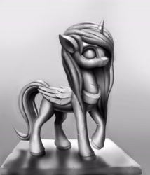 Size: 3864x4511 | Tagged: safe, artist:sceathlet, derpibooru import, alicorn, pony, monochrome, solo, statue