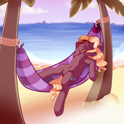 Size: 1024x1024 | Tagged: safe, artist:maeveadair, derpibooru import, oc, oc only, oc:raika, earth pony, pony, beach, eyes closed, female, hammock, hooves behind head, lying down, mare, on back, open mouth, palm tree, reclining, smiling, solo, tree