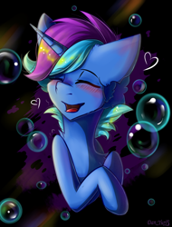 Size: 1980x2604 | Tagged: safe, artist:yuris, derpibooru import, oc, oc only, oc:darallex, pony, unicorn, blue skin, bubble, bust, commission, eyes closed, male, portrait, simple background, smiling, solo