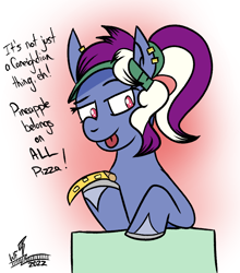 Size: 822x935 | Tagged: safe, artist:whirlwindflux, derpibooru import, oc, oc only, oc:single slice, earth pony, pony, female, mare, pineapple pizza, solo, tongue, tongue out
