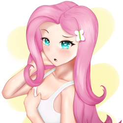 Size: 2946x2946 | Tagged: safe, artist:toffrox, derpibooru import, fluttershy, human, bare shoulders, bust, butterfly hairpin, clothes, female, hand on cheek, hand on chest, humanized, looking at you, open mouth, sleeveless, solo, tanktop, wingding eyes