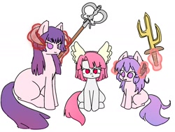 Size: 2006x1515 | Tagged: safe, artist:namaenonaipony, derpibooru import, pony, anime, female, higurashi no naku koro ni, horns, magic, magic aura, no pupils, ponified, simple background, sitting, telekinesis, trio, trio female, weapon, white background