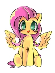 Size: 768x1024 | Tagged: safe, artist:pnpn_721, derpibooru import, fluttershy, pegasus, pony, cute, female, looking at you, mare, open mouth, open smile, shyabetes, simple background, sitting, smiling, smiling at you, solo, spread wings, underhoof, white background, wings