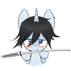 Size: 2299x2299 | Tagged: safe, artist:lofis, derpibooru import, oc, oc only, oc:lotus flow, pony, unicorn, blushing, bust, colored, female, katana, looking at you, mare, offering, simple background, solo, sword, weapon, white background