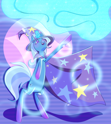 Size: 3244x3631 | Tagged: safe, artist:kaiyotezenboo, derpibooru import, trixie, pony, unicorn, absurd file size, bipedal, cape, clothes, female, gradient hooves, hat, high res, magic, mare, rearing, solo, wizard hat