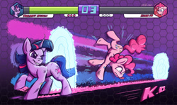 Size: 1500x886 | Tagged: safe, artist:tsitra360, derpibooru import, pinkie pie, twilight sparkle, unicorn twilight, earth pony, pony, unicorn, fighting is magic, bandaid, community related, health bars, knock out