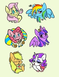 Size: 786x1024 | Tagged: safe, artist:ilcerbiastrello, derpibooru import, applejack, fluttershy, pinkie pie, rainbow dash, rarity, twilight sparkle, twilight sparkle (alicorn), alicorn, earth pony, pegasus, pony, unicorn, bed mane, big crown thingy, bust, element of magic, green background, hat, jester hat, jewelry, kissy face, mane six, morning ponies, mug, regalia, simple background, sweat