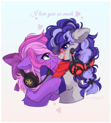 Size: 1164x1286 | Tagged: safe, artist:whiteliar, derpibooru import, oc, oc:cinnabyte, oc:lillybit, pony, bandana, bow, clothes, commission, female, gaming headphones, gaming headset, headphones, headset, mare, microphone, ribbon, shipping, socks, striped socks, your character here