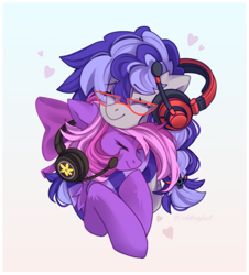 Size: 1188x1312 | Tagged: safe, artist:whiteliar, derpibooru import, oc, oc:cinnabyte, oc:lillybit, pony, bandana, bow, clothes, commission, female, gaming headphones, gaming headset, headphones, headset, mare, microphone, ribbon, shipping, smiling, socks, striped socks, your character here