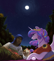 Size: 1280x1443 | Tagged: safe, artist:redruin01, derpibooru import, alicorn, human, pony, fanfic:reset the clock, commission, fanfic art, food, ice cream, moon, night, stars