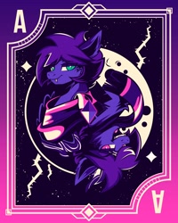 Size: 1638x2048 | Tagged: safe, artist:poxy_boxy, derpibooru import, oc, oc only, oc:fenris ebonyglow, original species, pegasus, pony, timber pony, timber wolf, card, clothes, gradient background, male, moon, scarf, stallion