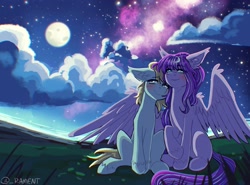 Size: 2972x2200 | Tagged: safe, artist:rament, derpibooru import, oc, oc only, oc:sophie hoofington, oc:star silk, earth pony, pegasus, blushing, cuddling, cute, moon, night, pegasus oc, sitting, smiling, stargazing, stars