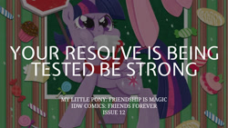 Size: 1280x720 | Tagged: safe, derpibooru import, edit, editor:quoterific, idw, twilight sparkle, twilight sparkle (alicorn), alicorn, pony, friends forever, spoiler:comic, blowing whistle, candy, cupcake, female, food, lollipop, mare, solo, text, whistle, whistle necklace