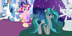 Size: 1024x513 | Tagged: safe, artist:velveagicsentryyt, derpibooru import, cozy glow, lord tirek, princess cadance, princess flurry heart, queen chrysalis, shining armor, oc, oc:shadow, changepony, hybrid, pony, interspecies offspring, legion of doom statue, offspring, older, parent:queen chrysalis, parent:shining armor, parents:shining chrysalis, statue