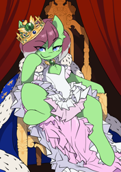 Size: 2480x3508 | Tagged: safe, artist:arctic-fox, derpibooru import, oc, oc only, oc:watermelon success, pegasus, pony, cape, clothes, clothing cutout, crown, dress, eye clipping through hair, female, freckles, high res, hoof under chin, jewelry, looking at you, mare, pegasus oc, regalia, royal cape, smiling, smiling at you, smirk, solo, spread legs, spreading, throne
