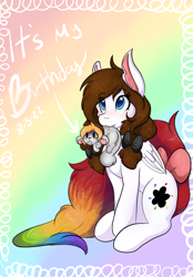 Size: 1423x2048 | Tagged: safe, artist:mscolorsplash, derpibooru import, oc, oc only, oc:color splash, pegasus, pony, blushing, duo, female, happy birthday, mare, non-mlp oc, open mouth, scruff, sitting