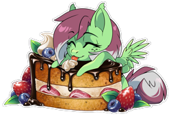 Size: 1797x1225 | Tagged: safe, artist:arctic-fox, derpibooru import, oc, oc only, oc:watermelon success, pegasus, pony, berry, blueberry, cake, chibi, commission, eyes closed, female, food, freckles, happy, mare, pegasus oc, simple background, solo, spread wings, strawberry, tongue, tongue out, transparent background, whipped cream, wings, ych result