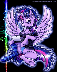 Size: 1111x1400 | Tagged: safe, artist:mechanakal, derpibooru import, twilight sparkle, twilight sparkle (alicorn), alicorn, pony, 3ds, abstract background, annoyed, big eyelashes, black background, choker, clothes, curved horn, cutie mark accessory, cutie mark necklace, ear piercing, fluffy, game console, glowing, horn, horn piercing, jewelry, mouth hold, necklace, nintendo, panties, piercing, shirt, signature, simple background, sitting, sock, socks, solo, spiky mane, spread wings, striped socks, style emulation, stylus, text, underhoof, underwear, unshorn fetlocks, wings