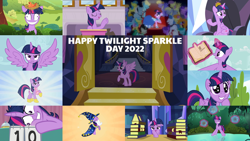 Size: 1972x1109 | Tagged: safe, derpibooru import, edit, edited screencap, editor:quoterific, screencap, twilight sparkle, twilight sparkle (alicorn), unicorn twilight, alicorn, bird, earth pony, pegasus, pony, unicorn, a trivial pursuit, equestria games (episode), hearts and hooves day (episode), lesson zero, luna eclipsed, made in manehattan, magic duel, non-compete clause, princess twilight sparkle (episode), season 1, season 2, season 3, season 4, season 5, season 6, season 8, season 9, the best night ever, top bolt, twilight's kingdom, winter wrap up, spoiler:s08, spoiler:s09, 2022, adorkable, book, clothes, crown, cute, dork, dress, ears, eyes closed, female, floppy ears, gala dress, grin, insanity, jewelry, magic, male, mare, messy hair, open mouth, open smile, regalia, school of friendship, shrunken pupils, smiling, spread wings, stallion, star swirl the bearded costume, starry eyes, telekinesis, text, twiabetes, twilight snapple, twilight sparkle day, twilight's castle, wingding eyes, wings