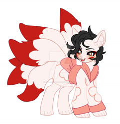 Size: 1280x1327 | Tagged: safe, artist:kusacakusaet, derpibooru import, oc, oc only, original species, pony, clothes, deviantart watermark, ear fluff, ears, kimono (clothing), kitsune, kitsune pony, looking back, multiple tails, obtrusive watermark, simple background, solo, tail, watermark, white background