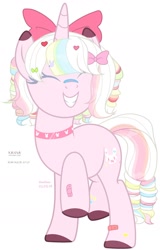 Size: 1280x1996 | Tagged: safe, artist:hoochuu, derpibooru import, oc, oc only, pony, unicorn, base used, bow, choker, commission, eyes closed, female, grin, hair bow, hoof polish, horn, mare, raised hoof, raised leg, simple background, smiling, solo, spiked choker, unicorn oc, white background, ych result