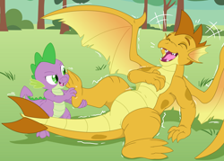 Size: 4200x3000 | Tagged: safe, artist:yipthecoyotepup, derpibooru import, spike, oc, oc:topaz, dragon, belly, dragon oc, evil grin, eyes closed, feet, foot tickling, grin, high res, laughing, lying, non-pony oc, open mouth, paws, smiling, spread wings, tickling, wings