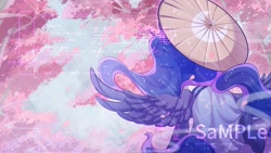 Size: 2048x1152 | Tagged: safe, artist:qamar, derpibooru import, princess luna, alicorn, pony, back, cherry blossoms, commission, female, flower, flower blossom, mare, solo, spread wings, watermark, wings