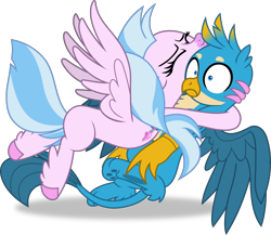 Size: 3266x2832 | Tagged: safe, artist:frownfactory, derpibooru import, gallus, silverstream, griffon, hippogriff, what lies beneath, do not want, eyes closed, female, hug, male, silverstream hugs gallus, simple background, transparent background, vector, wings