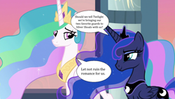 Size: 1280x720 | Tagged: safe, derpibooru import, edit, edited screencap, screencap, princess celestia, princess luna, the last problem, implied guardlestia, implied guardluna, misspelling, speech bubble