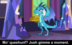 Size: 1920x1215 | Tagged: safe, derpibooru import, edit, edited screencap, screencap, princess ember, dragon, comic:celestia's servant interview, triple threat, bipedal, caption, cs captions, eating, female, puffy cheeks, solo, standing, text, twilight's castle