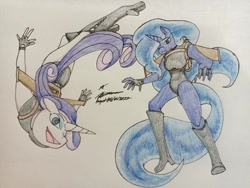 Size: 600x450 | Tagged: safe, artist:gameoverlord23, derpibooru import, princess luna, rarity, anthro, clothes, duo, duo female, female, flying, jetpack, leotard, traditional art
