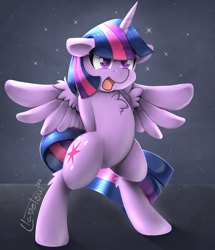 Size: 1218x1417 | Tagged: safe, artist:llametsul, derpibooru import, twilight sparkle, twilight sparkle (alicorn), alicorn, pony, atg 2022, bipedal, cute, female, happy, mare, newbie artist training grounds, open mouth, open smile, smiling, solo, spread wings, standing