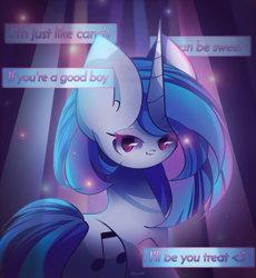 Size: 2250x2450 | Tagged: safe, artist:miryelis, derpibooru import, dj pon-3, vinyl scratch, pony, unicorn, big ears, cutie mark, ears, head turn, looking at you, simple background, smiling, smiling at you, solo, song, text
