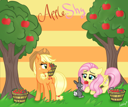 Size: 3000x2500 | Tagged: safe, artist:lostsheep, derpibooru import, applejack, fluttershy, earth pony, pegasus, pony, rabbit, animal, apple, apple tree, appleshy, basket, blushing, ears, female, floppy ears, food, hat, lesbian, shipping, smiling, tree