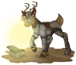 Size: 2700x2300 | Tagged: safe, artist:molars, derpibooru import, oc, oc only, deer, fallout equestria, antlers, armor, ashes town, chestplate, cloven hooves, commission, deer oc, fallout equestria oc, fluffy tail, headlamp, helmet, lighting, medkit, non-pony oc, raised eyebrow, simple background, solo, tail, transparent background