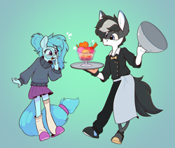 Size: 2620x2215 | Tagged: safe, artist:rexyseven, derpibooru import, oc, oc only, oc:whispy slippers, anthro, anthro oc, clothes, duo, emanata, eyes on the prize, female, food, gradient background, ice cream, male, mare, open mouth, open smile, pants, skirt, slippers, smiling, socks, stallion, sweater