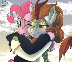 Size: 3500x3000 | Tagged: safe, artist:brainiac, derpibooru import, autumn blaze, pinkie pie, earth pony, kirin, pony, abstract background, autumnpie, clothes, collar, cute, fangs, female, hoodie, hug, lesbian, looking at each other, looking at someone, mare, one eye closed, shipping