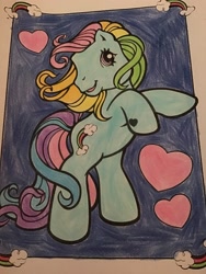Size: 2448x3264 | Tagged: safe, artist:maddiedraws5678, derpibooru import, rainbow dash (g3), earth pony, pony, g3, bipedal, blue background, colored, coloring page, cute, female, g3 dashabetes, heart, hoof heart, mare, rainbow, rearing, simple background, smiling, solo, traditional art