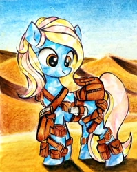 Size: 1630x2048 | Tagged: safe, artist:liaaqila, derpibooru import, oc, oc only, oc:sapphire oasis, crystal pony, pony, bag, belt, belts, blonde, commission, crystal pony oc, cute, desert, fanfic art, female, mare, ocbetes, saddle bag, solo