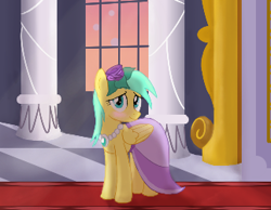 Size: 323x251 | Tagged: safe, artist:truthormare, ponerpics import, sunshower raindrops, pegasus, blushing, canterlot, canterlot castle, carpet, clothes, dress, female, flower, flower in hair, gala, gala dress, indoors, jewelry, looking at you, lowres, mare, necklace, red carpet, solo, standing, sunset, window