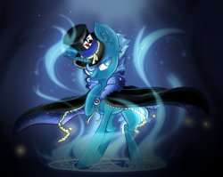 Size: 2472x1965 | Tagged: safe, artist:adelfrey, derpibooru import, oc, oc only, oc:wondermint, pony, unicorn, cape, clothes, commission, female, glowing, glowing horn, hat, horn, icey-verse, magic, magical lesbian spawn, mare, offspring, parent:minuette, parent:trixie, parents:minixie, playing card, raised hoof, raised leg, solo, symbol, top hat, ych result