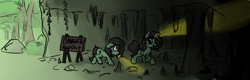 Size: 2574x828 | Tagged: safe, ponerpics import, oc, oc:anon filly, earth pony, pony, cave, danger, female, filly, flashlight (object), foal, headlamp, looking back, male, mare, mouth hold, scared, shipping, sign, smiling, spelunking, straight, tree, walking